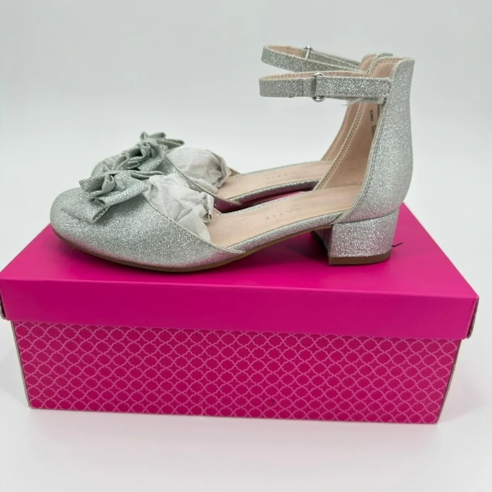 Kelly & Katie Victoria Kids Silver Glitter Bow Block Heel Dress Shoes Size 3M